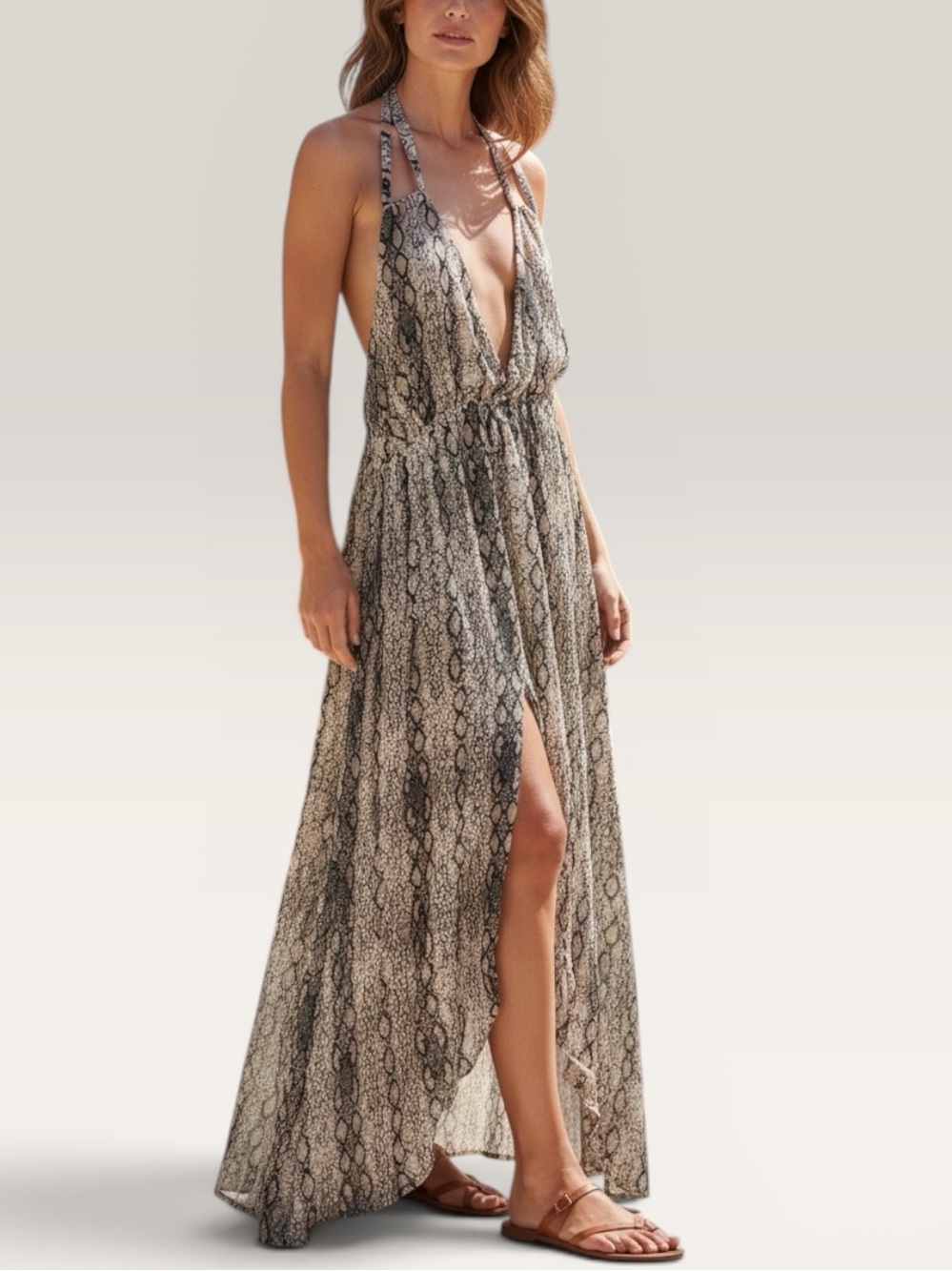 Cosita Linda Plunge Neck Backless Snake Print Maxi Dress L
